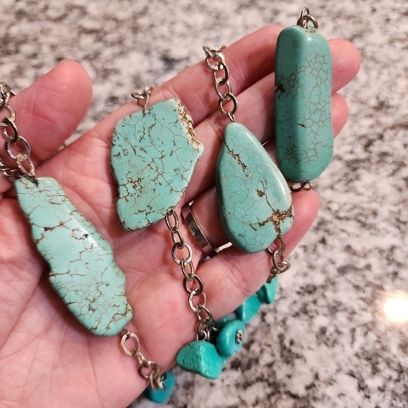 Large Slab Turquoise Necklace Silver Tone Chain w Extender Natural Stone EUC - Picture 15 of 16